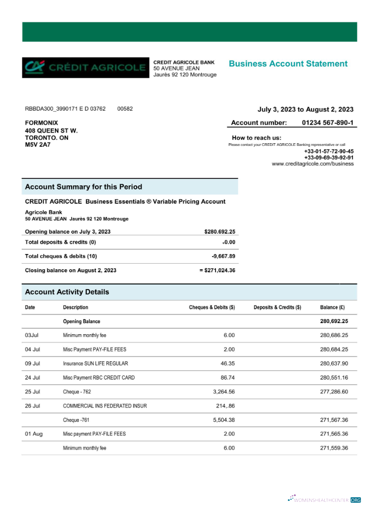 Credit Agricole Bank enterprise checking account statement Word and PDF template